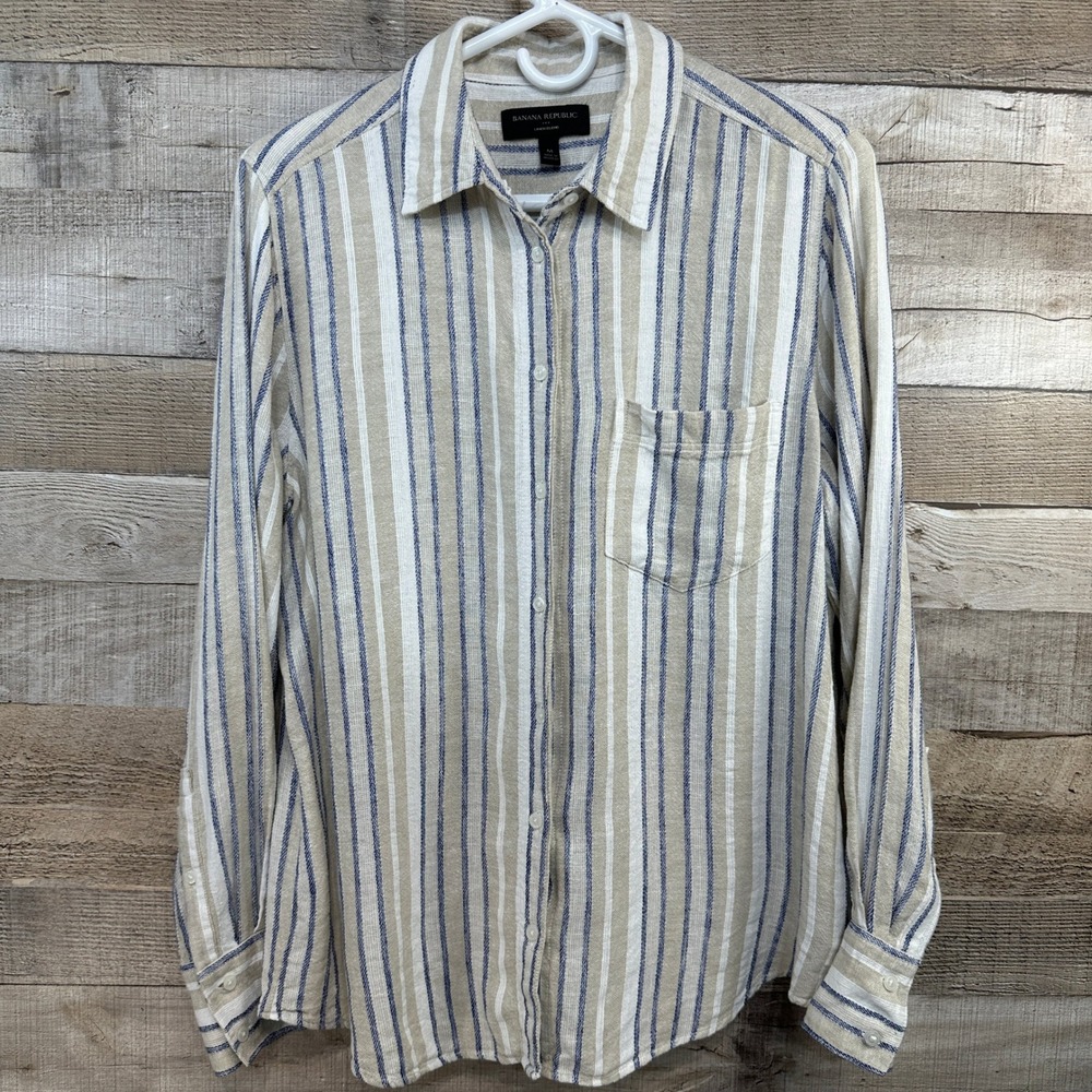 Banana Republic Linen Blend Striped Button Up Shirt Womens Medium Beige Navy